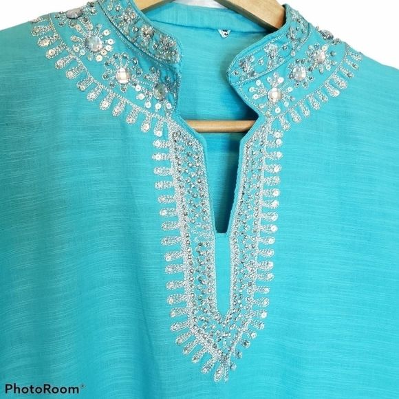 VINTAGE Peasant Blouse Turqoise Blue Small - Picture 2 of 8